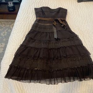 Brown illusion lace strapless cocktail dress